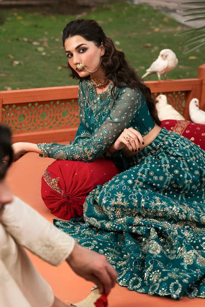 Elegant organza suit with embellished panels, blouse, sleeves & dupatta, paired with inner—crafted for timeless beauty, sophistication & luxury.