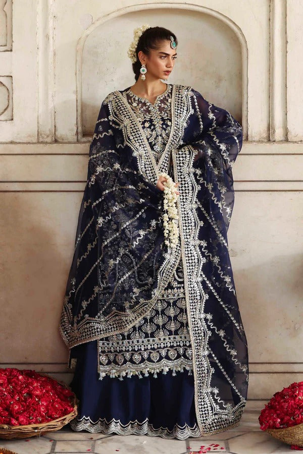 A luxurious organza outfit featuring hand-embellished front, sleeves, and borders. Comes with an embroidered dupatta and raw silk trouser for a graceful formal look.