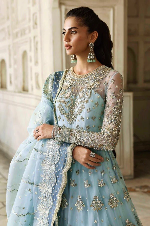 An elegant net dress with hand-embellished panels, sleeves, and blouse. Paired with an embroidered organza dupatta and raw silk inner for a timeless look.
