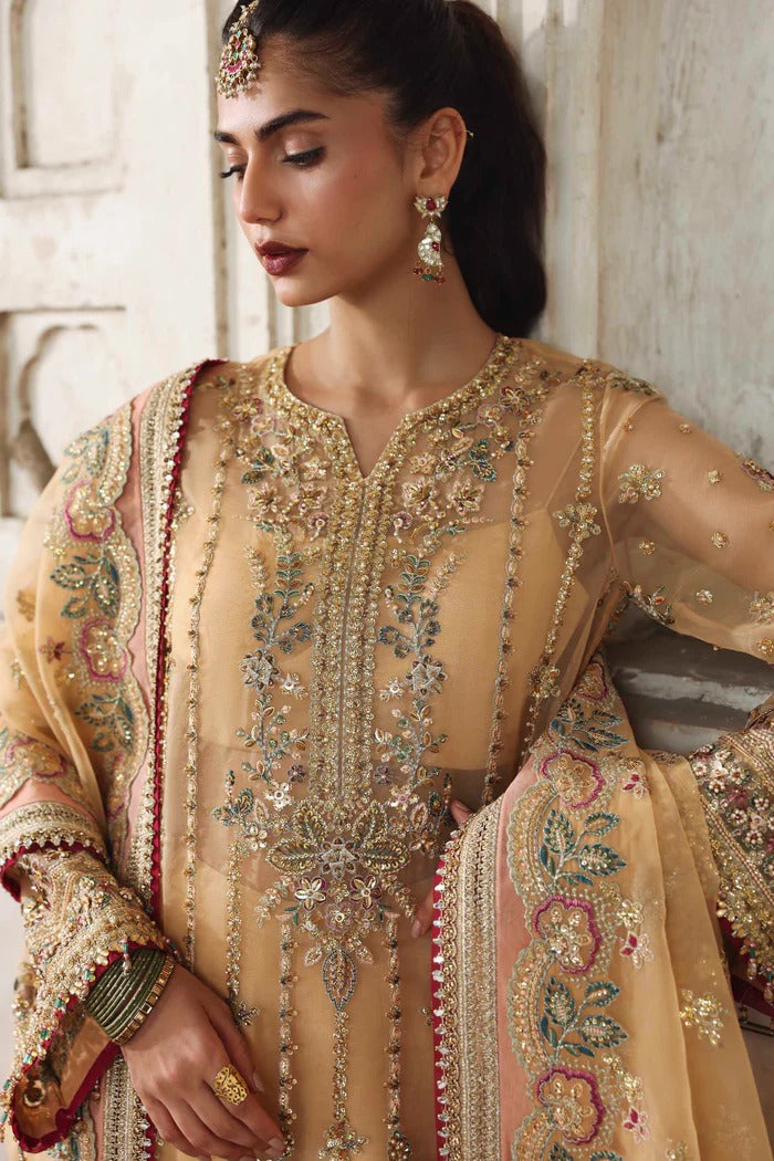 A luxurious organza outfit with hand-embellished front, sleeves, and borders. Paired with an embroidered dupatta and raw silk trouser for a timeless look.