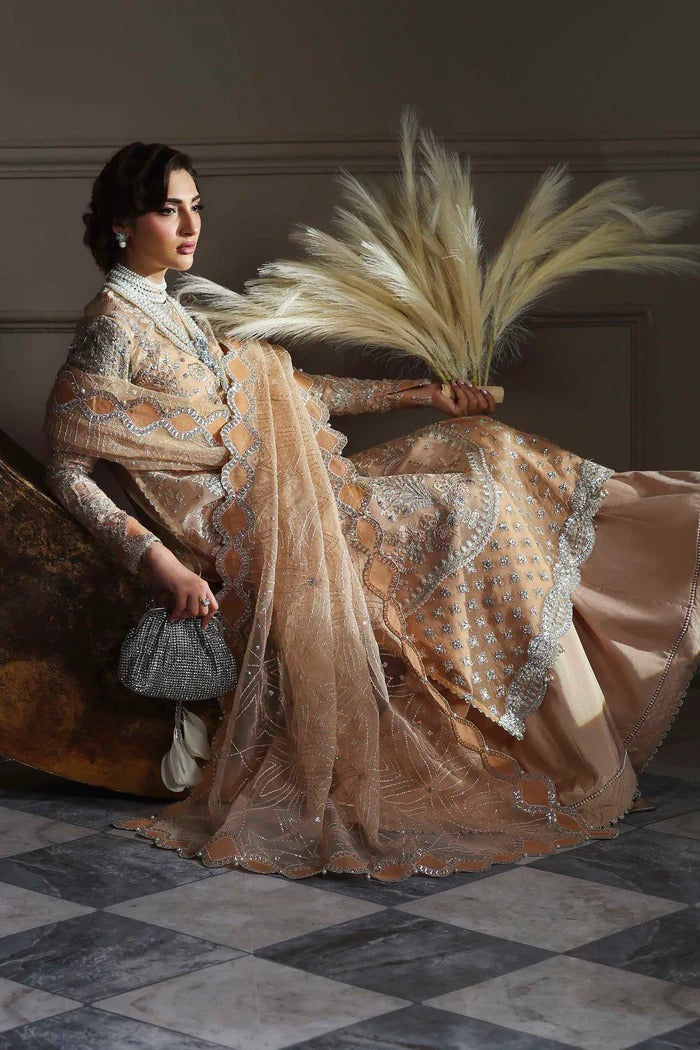 Elegant organza suit featuring embroidered front, back, sleeves, dupatta & trouser with borders, paired with silk inner—crafted for timeless grace.