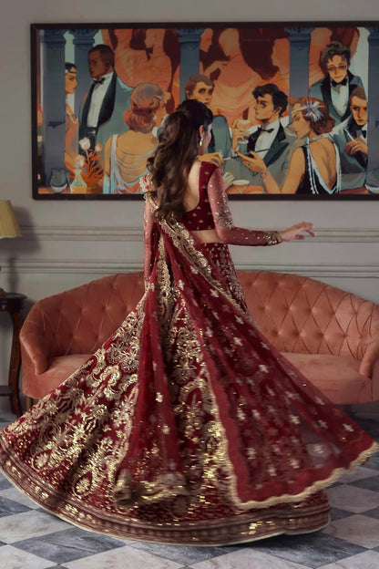 Elegant net dress featuring embroidered panels, blouse, neckline, sleeves & dupatta with borders, paired with silk inner—crafted for timeless grace.