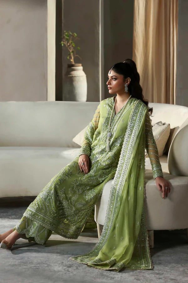 A graceful chiffon dress with intricate embroidery on front, back, and dupatta. Finished with organza borders and a raw silk trouser for a refined look.