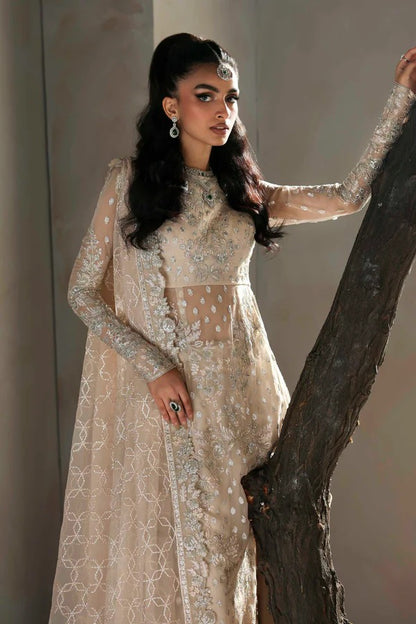 Graceful chiffon ensemble featuring embroidered body, sleeves, and dupatta with organza borders and a raw silk trouser — perfect for festive elegance.