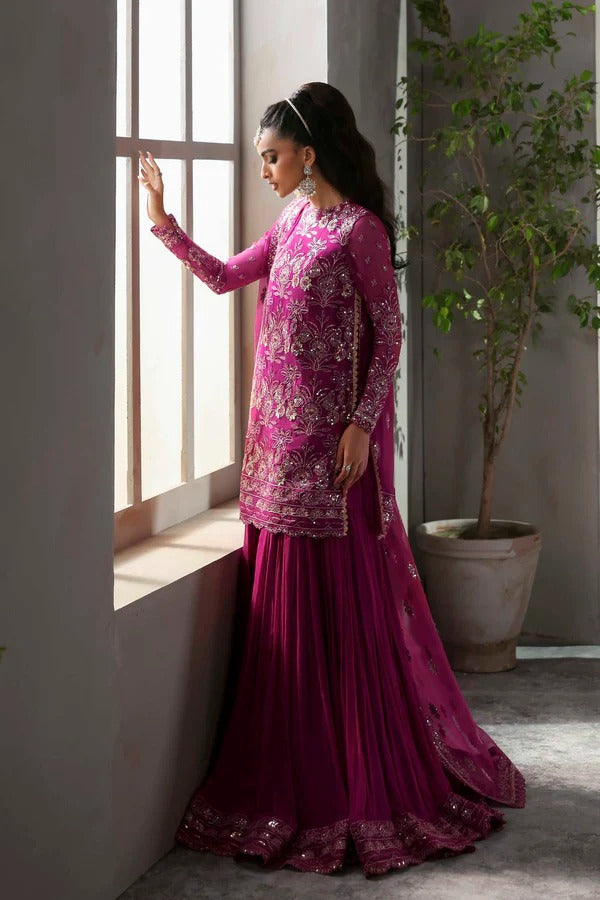 Elegant chiffon outfit featuring embroidered front, back, and sleeves with a chiffon dupatta and organza garara border. Perfect for festive and formal occasions.