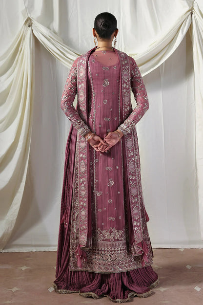 Stylish mauve silk gown featuring embroidered organza panels, embellished dupatta, and crushed inner gown. A graceful ensemble perfect for weddings & festive wear.
