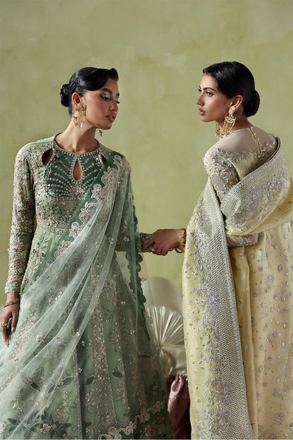 Elegant mint green silk suit featuring embroidered organza panels, velvet neck patch, net dupatta, and silk trousers. 