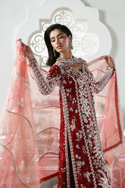 Stunning Crimson Red suit featuring embroidered organza panels, hand embellishments, silk trouser, and printed organza dupatta with elegant details.