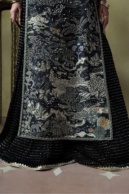 Stylish black silk suit featuring hand-embellished panels, embroidered dupatta, and chiffon crushed trousers. Perfect choice for festive and formal occasions.