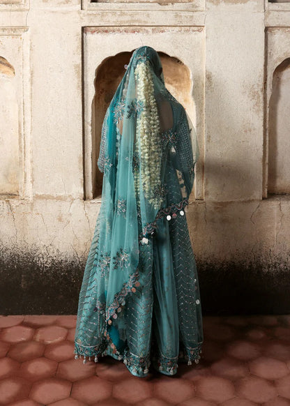 Dreamy ice blue net pishwas with sequin embroidery, silk lehnga, and chiffon dupatta. Unstitched luxury outfit that radiates elegance and grace.