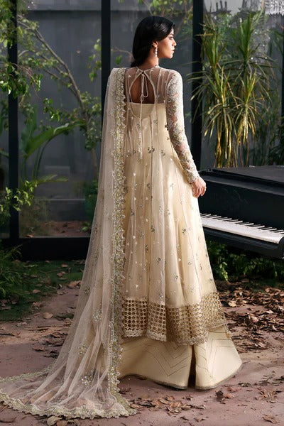 Elegant off white net suit with embroidered panels, apple green dupatta borders, and raw silk trouser for a refined festive and formal look.