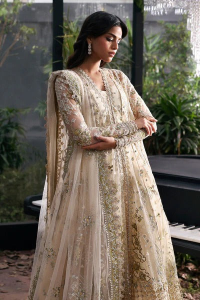Elegant off white net suit with embroidered panels, apple green dupatta borders, and raw silk trouser for a refined festive and formal look.
