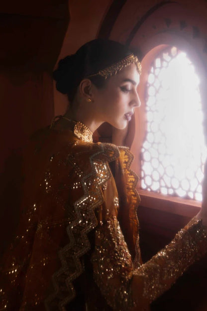 Stunning organza lehenga with hand-embellished front, sleeves, dupatta & pallu, paired with raw silk inner—perfect for a graceful, regal look.