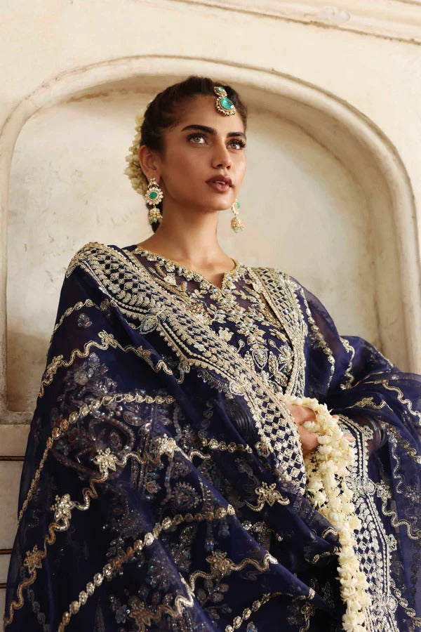 A luxurious organza outfit featuring hand-embellished front, sleeves, and borders. Comes with an embroidered dupatta and raw silk trouser for a graceful formal look.