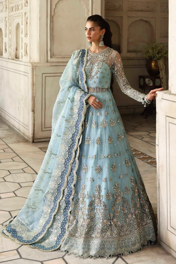 An elegant net dress with hand-embellished panels, sleeves, and blouse. Paired with an embroidered organza dupatta and raw silk inner for a timeless look.