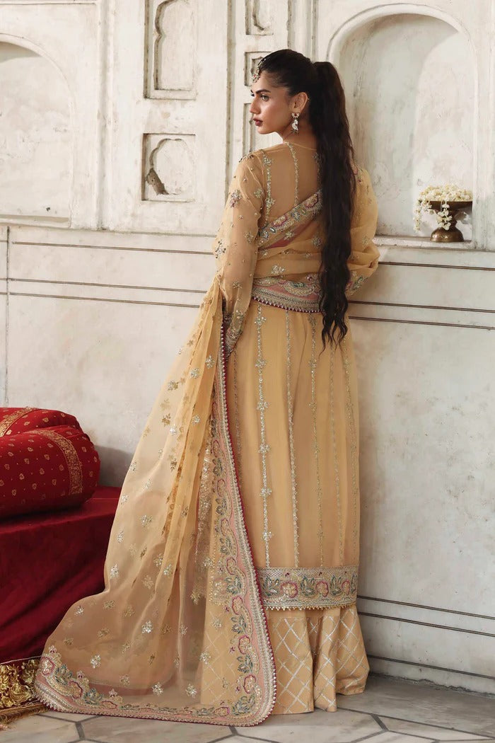 A luxurious organza outfit with hand-embellished front, sleeves, and borders. Paired with an embroidered dupatta and raw silk trouser for a timeless look.