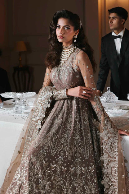Stylish net suit with embroidered panels, body, blouse, sleeves & organza dupatta with borders, paired with silk inner—crafted for timeless elegance.