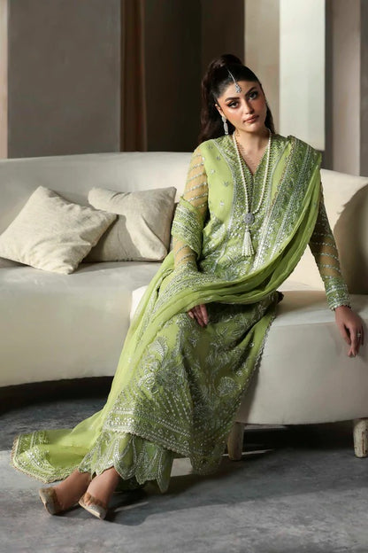 A graceful chiffon dress with intricate embroidery on front, back, and dupatta. Finished with organza borders and a raw silk trouser for a refined look.