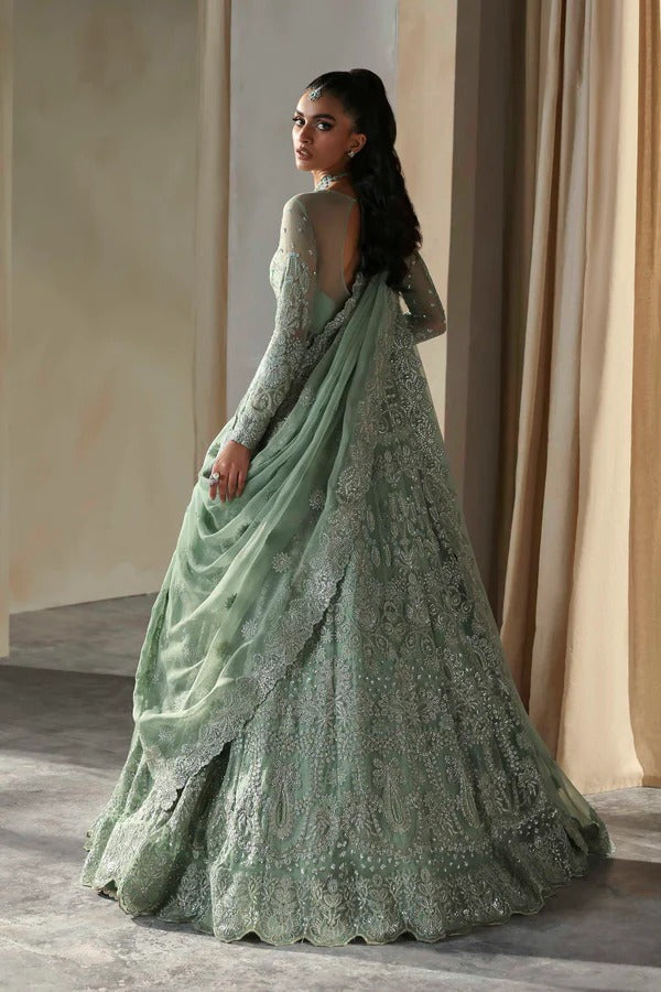 Elegant chiffon outfit featuring embroidered panels, sleeves, and dupatta with organza borders, paired with a luxurious raw silk inner for timeless grace.