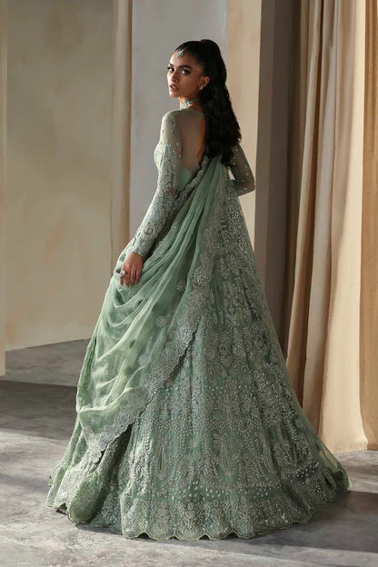 Elegant chiffon outfit featuring embroidered panels, sleeves, and dupatta with organza borders, paired with a luxurious raw silk inner for timeless grace.