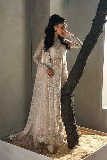 Graceful chiffon ensemble featuring embroidered body, sleeves, and dupatta with organza borders and a raw silk trouser — perfect for festive elegance.
