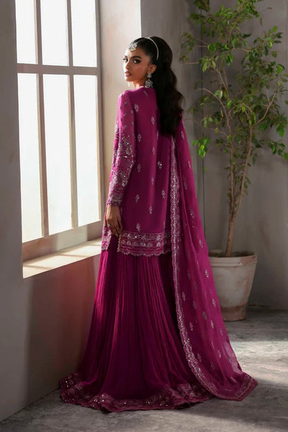 Elegant chiffon outfit featuring embroidered front, back, and sleeves with a chiffon dupatta and organza garara border. Perfect for festive and formal occasions.
