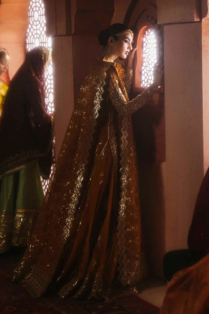 Stunning organza lehenga with hand-embellished front, sleeves, dupatta & pallu, paired with raw silk inner—perfect for a graceful, regal look.