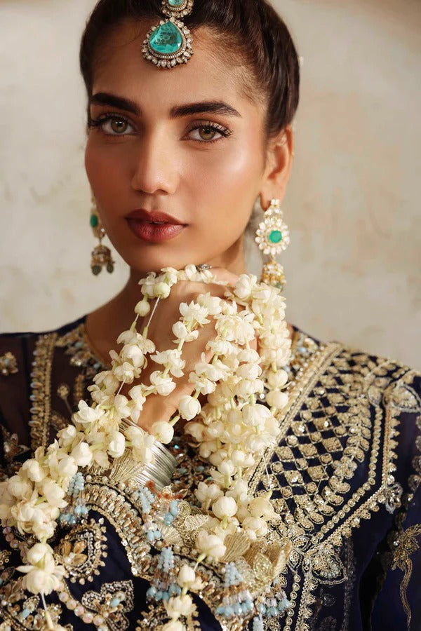 A luxurious organza outfit featuring hand-embellished front, sleeves, and borders. Comes with an embroidered dupatta and raw silk trouser for a graceful formal look.