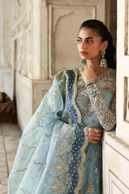 An elegant net dress with hand-embellished panels, sleeves, and blouse. Paired with an embroidered organza dupatta and raw silk inner for a timeless look.
