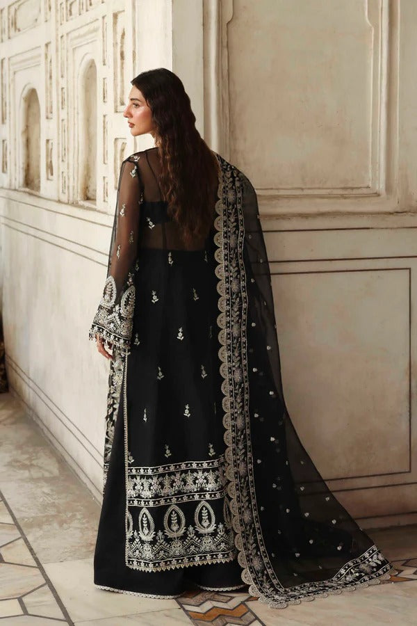 Elegant organza outfit with hand-embellished panels, sleeves, and borders, paired with a matching dupatta and raw silk trouser for a refined formal look.