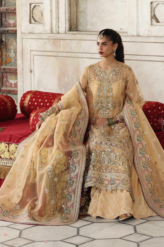 A luxurious organza outfit with hand-embellished front, sleeves, and borders. Paired with an embroidered dupatta and raw silk trouser for a timeless look.