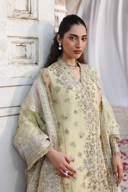 Luxurious organza outfit with hand-embellished panels, embroidered sleeves, dupatta, and dyed sharara — a perfect choice for elegant formal occasions.