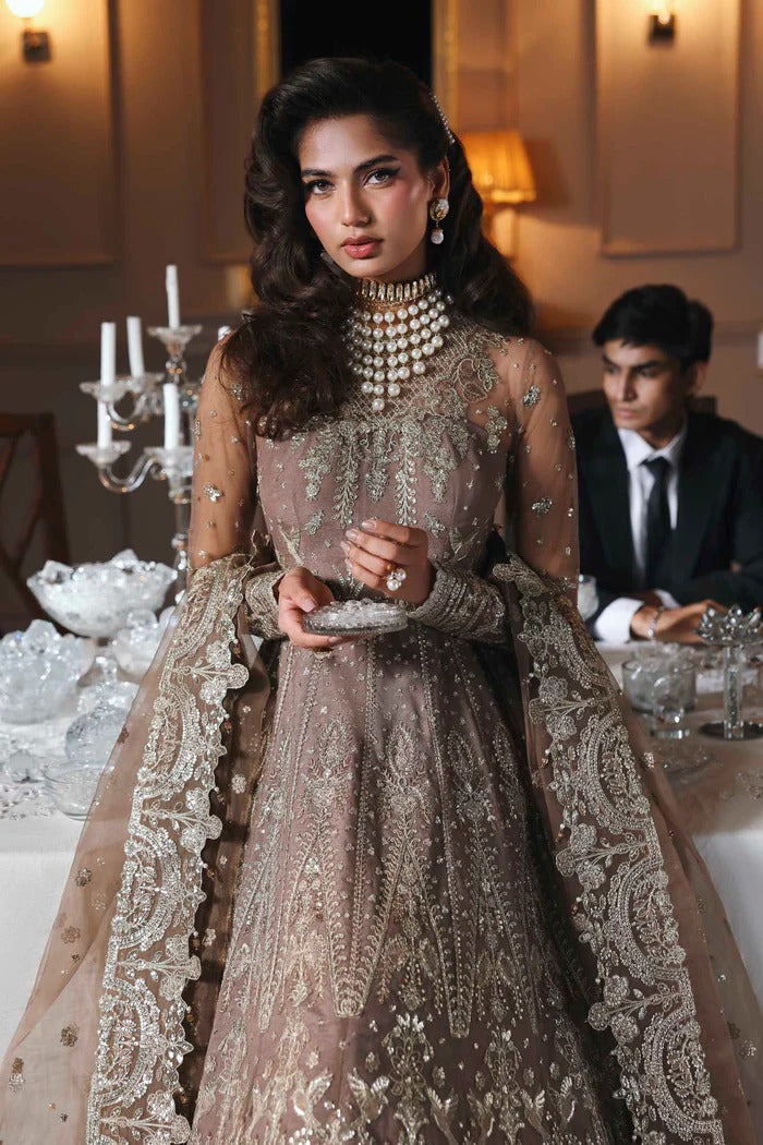 Stylish net suit with embroidered panels, body, blouse, sleeves & organza dupatta with borders, paired with silk inner—crafted for timeless elegance.