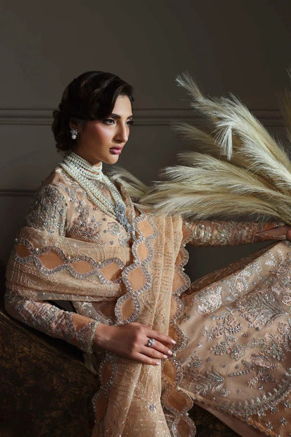 Elegant organza suit featuring embroidered front, back, sleeves, dupatta & trouser with borders, paired with silk inner—crafted for timeless grace.