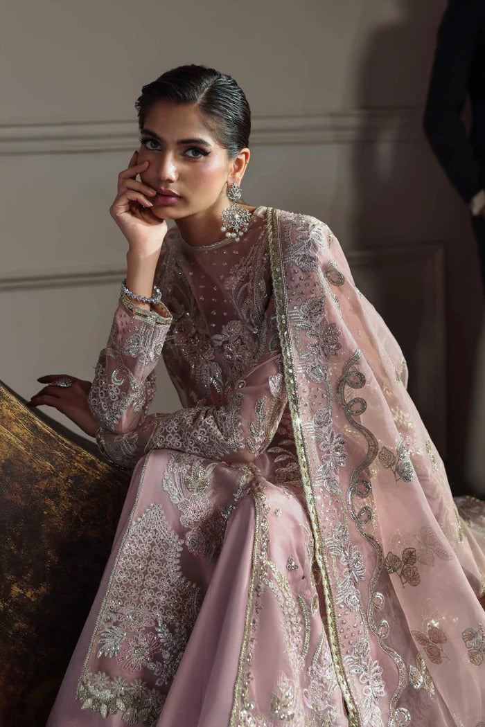 Elegant organza dress with embroidered panels, back, sleeves & dupatta, paired with silk inner and trouser—crafted for timeless charm and style.