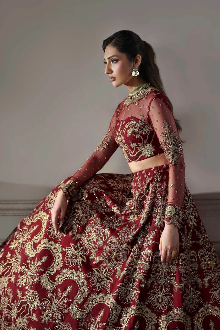 Elegant net dress featuring embroidered panels, blouse, neckline, sleeves & dupatta with borders, paired with silk inner—crafted for timeless grace.