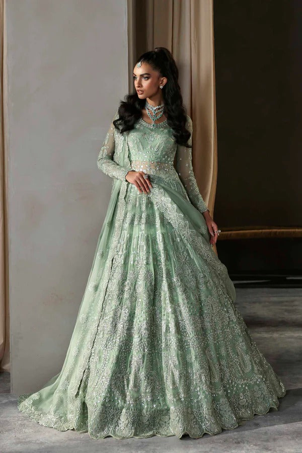 Elegant chiffon outfit featuring embroidered panels, sleeves, and dupatta with organza borders, paired with a luxurious raw silk inner for timeless grace.