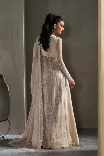 Graceful chiffon ensemble featuring embroidered body, sleeves, and dupatta with organza borders and a raw silk trouser — perfect for festive elegance.