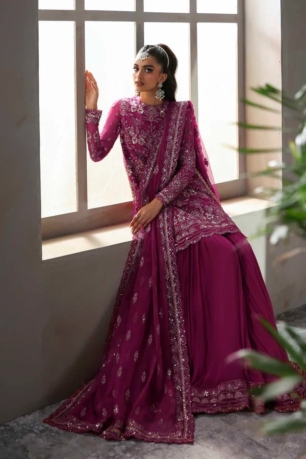 Elegant chiffon outfit featuring embroidered front, back, and sleeves with a chiffon dupatta and organza garara border. Perfect for festive and formal occasions.