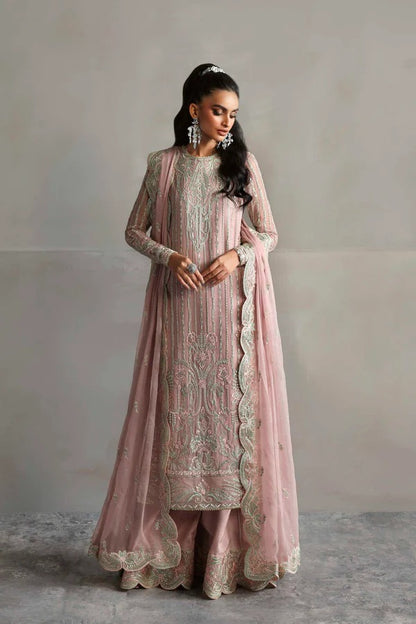 Beautiful chiffon dress with embroidered front, back, and sleeves, paired with organza borders, chiffon dupatta, and raw silk trouser for a refined look.