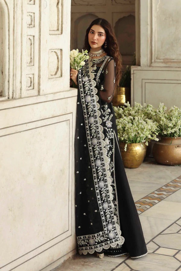 Elegant organza outfit with hand-embellished panels, sleeves, and borders, paired with a matching dupatta and raw silk trouser for a refined formal look.