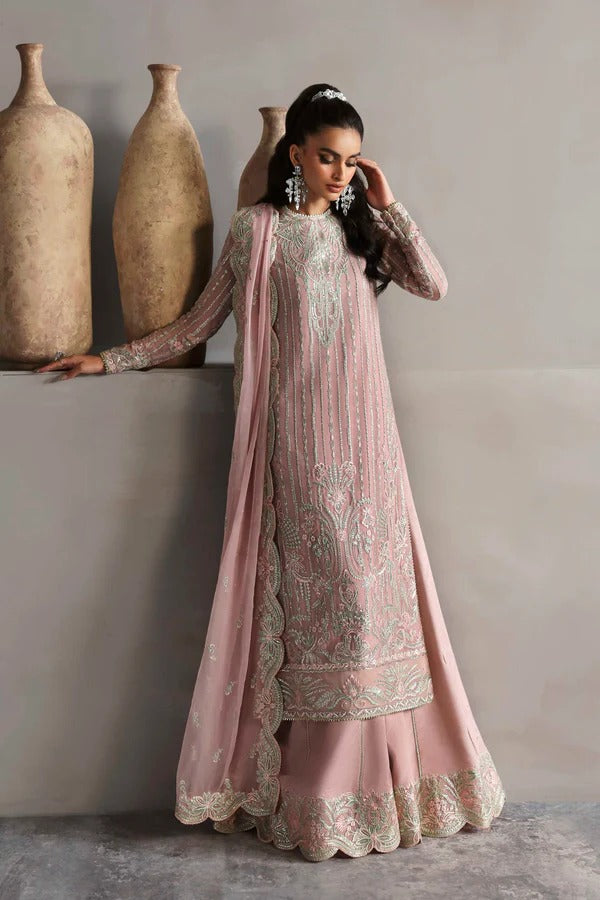 Beautiful chiffon dress with embroidered front, back, and sleeves, paired with organza borders, chiffon dupatta, and raw silk trouser for a refined look.