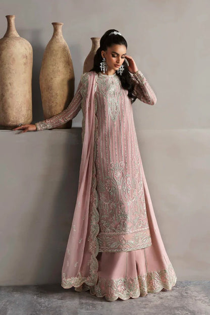 Beautiful chiffon dress with embroidered front, back, and sleeves, paired with organza borders, chiffon dupatta, and raw silk trouser for a refined look.