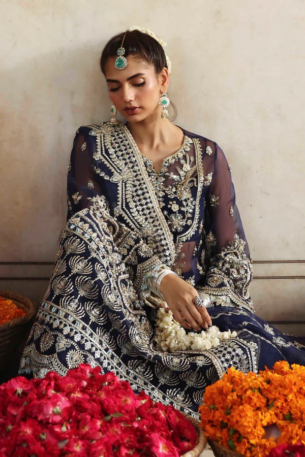 A luxurious organza outfit featuring hand-embellished front, sleeves, and borders. Comes with an embroidered dupatta and raw silk trouser for a graceful formal look.