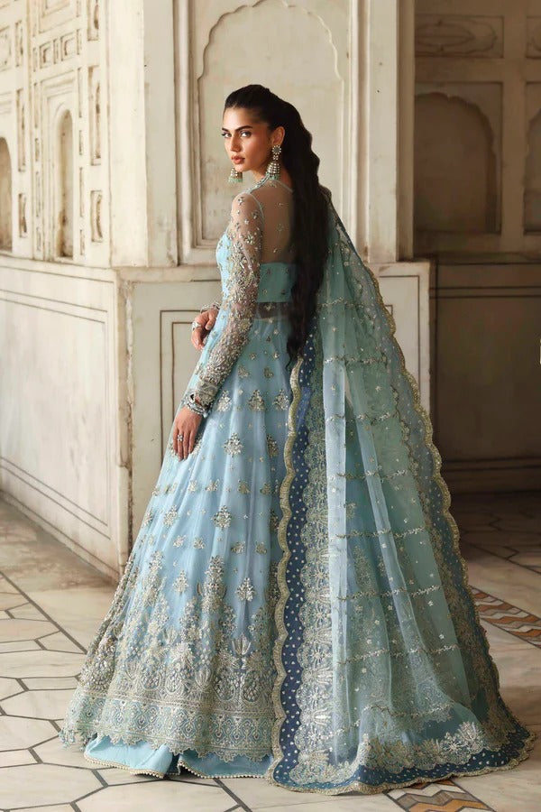 An elegant net dress with hand-embellished panels, sleeves, and blouse. Paired with an embroidered organza dupatta and raw silk inner for a timeless look.