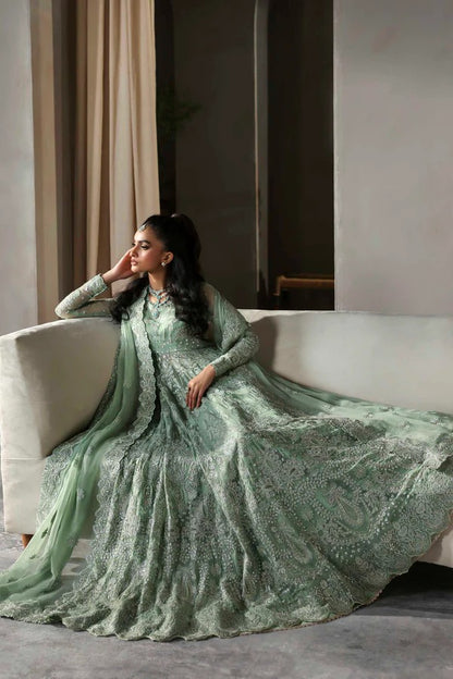 Elegant chiffon outfit featuring embroidered panels, sleeves, and dupatta with organza borders, paired with a luxurious raw silk inner for timeless grace.