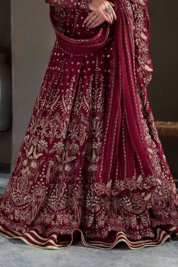 Graceful chiffon dress featuring 12" embroidered panels, elegant sleeves, and organza borders, paired with a matching dupatta and soft raw silk inner.