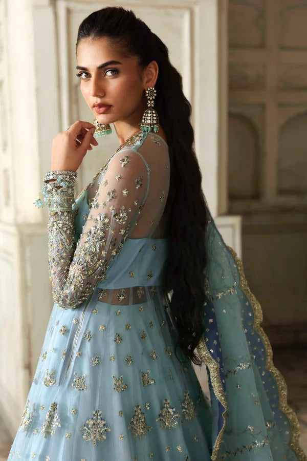 An elegant net dress with hand-embellished panels, sleeves, and blouse. Paired with an embroidered organza dupatta and raw silk inner for a timeless look.
