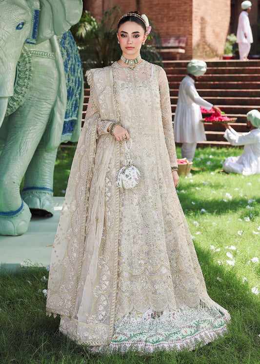 Elevate your look with this dusty white organza outfit featuring intricate hand embroidery, printed raw silk trouser, and elegant embroidered dupatta.
