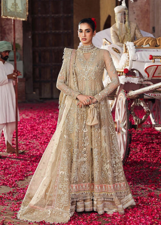 Elegant skin-golden formal outfit featuring hand-embroidered organza shirt, embellished dupatta with 4-side border, and raw silk trouser for a timeless look.